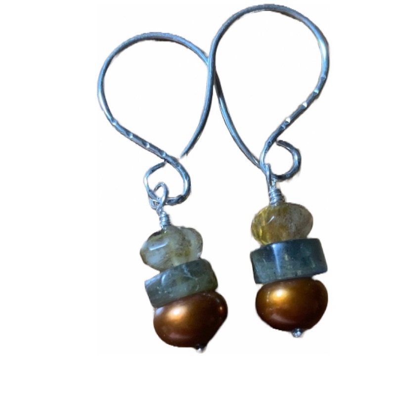 Labradorite, Golden Pearl,Tourmaline, Ss Earrings, Hand Hammered Ear Wire